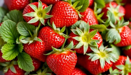 Fresh strawberry display with bright red color and fresh green leaves. Perfect for food backgrounds and food photography.