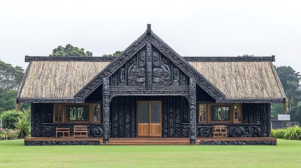Fototapeta premium Intricate Maori House with Carved Facade and Thatched Roof.