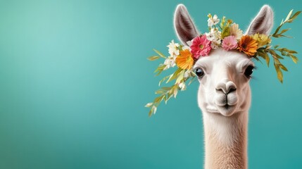 Fototapeta premium Llama wearing floral crown against turquoise background. Easter, Pascha, Paskha, Ostern, Pascua, Paques - Orthodox and Catholic Holiday celebration