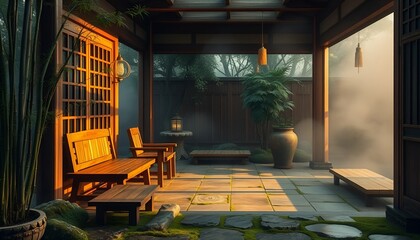 A Zen-style living room with a misty garden, wooden furniture, and stone floors, creating a calm and natural atmosphere. Suitable for designs focused on meditation and relaxation.