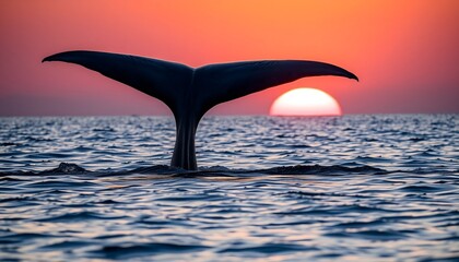 A graceful whale tail on the sea surface at sunset, creating a stunning view