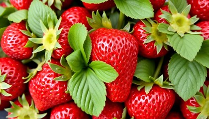 Detailed strawberry display with bright red color and fresh green leaves. Ideal for food backgrounds and fruit concepts.
