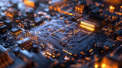 Abstract Circuit Board Technology Background Digital Art Glowing Orange Lines Detailed Electronic Components High Tech Innovation Modern Design       