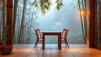 An open dining room with a calming bamboo forest view, soft lighting, and wooden furniture. Suitable for cozy and peaceful interior designs.
