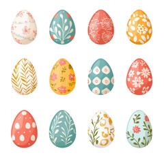 Colorful decorated eggs featuring various patterns and floral designs arranged in a grid format.