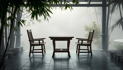 Wooden table and chairs on a terrace with a misty bamboo forest backdrop. Ideal for calm and minimalist interior design concepts.