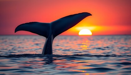 A whale tail silhouette against a colorful sunset over the rippled sea. Ideal for nature backgrounds and marine wildlife concepts.