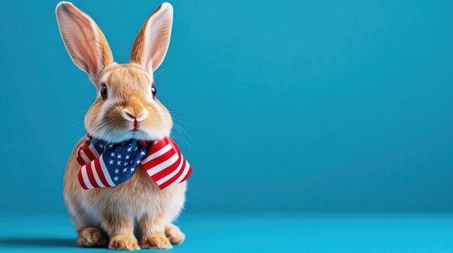 Adorable rabbit wearing american flag bow tie on vibrant blue background. Independence Day, Fourth of July, July 4th. Easter, Pascha, Paskha, Ostern, Pascua, Paques
