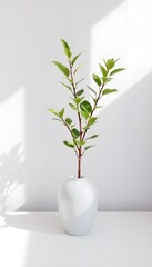 twig with green leaves in a white vase on a white table with light shadows. Perfect for minimalist concepts and natural home decor.