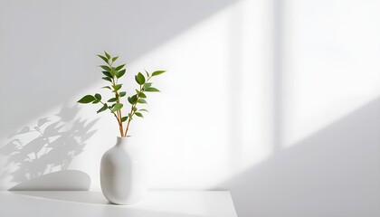 twig with green leaves in a white vase on a white table with light shadows. Perfect for minimalist concepts and natural home decor.