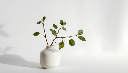 Minimalist display of a twig with green leaves in a white vase on a white table. Ideal for modern and natural home decor concepts.