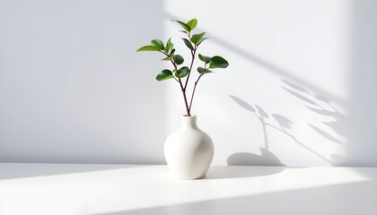 Minimalist display of a twig with green leaves in a white vase on a white table. Ideal for modern and natural home decor concepts.