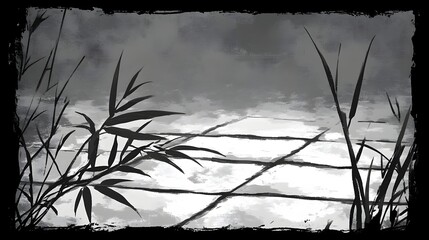 Fototapeta premium Silhouetted Bamboo Against A Serene Water Surface Under Dramatic Clouds In Monochrome