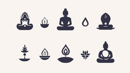 A collection of twelve simple, dark-blue silhouette icons against a light gray background.  The icons depict various symbols associated with meditation and spiritual practices, including seated