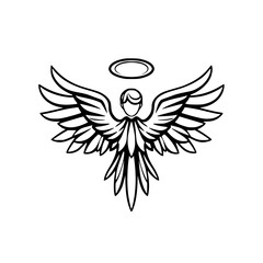 A symmetrical angel with halo, simplified graphic style of an angel design on white background.