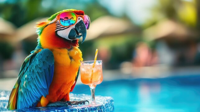 Colorful parrot wearing sunglasses enjoys tropical drink by poolside
