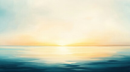 Obraz premium Sunset over calm ocean, serene landscape, soft waves reflecting light, tranquil waters, horizon blending colors, peaceful nature scene, coastal background.