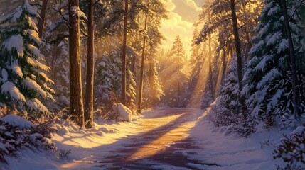 A snow-covered path leading through a dense pine forest, glowing with warm sunlight.