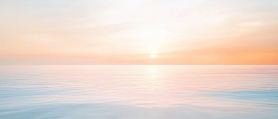 Naklejka premium Sunrise over calm ocean water, pastel colors reflecting on the surface, serene beach landscape, peaceful natural scenery, tranquil seascape view.