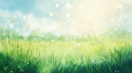 Obraz premium Sunlit green grass field with a dreamy bokeh background, fresh spring nature scene, vibrant landscape, gentle sunlight, peaceful outdoor environment.