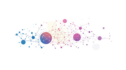 The image is a digital illustration depicting an abstract network.  It features a complex arrangement of interconnected nodes represented by varying sizes of circles in pastel shades of blue, pink,