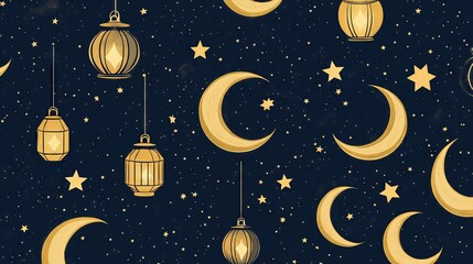 Fototapeta premium A seamless pattern of crescent moons, stars, and lanterns in gold on a deep navy background, leaving room for text overlays in the design
