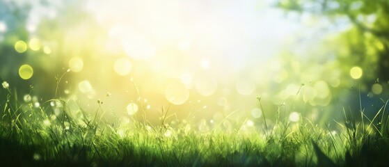 Obraz premium Sunlight shining through trees, glowing bokeh effect on green grass, peaceful nature background, soft focus landscape, serene outdoor environment.