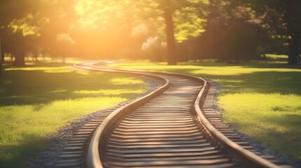 Obraz premium Curved Railway Track Illuminated by Soft Sunset Light Through Lush Green Trees in Nature