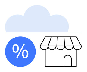 Cloud icon above a storefront with a bold blue percentage sign. Ideal for retail technology, eCommerce, discounts, cloud computing, data analytics, marketing, digital transformation. Symbolic