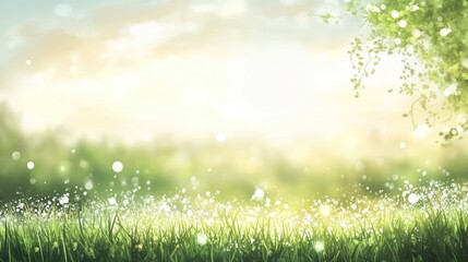 Obraz premium Sunlight shining on green grass in a tranquil landscape, summer nature background with sparkling dew drops, peaceful outdoor scene, natural beauty.
