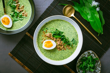 Wild garlic soup, bear leek soup (ramson soup) with boiled egg