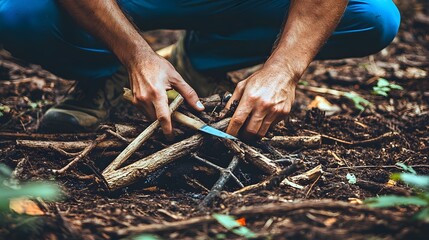 Obraz premium Hands Creating a Fire with Natural Materials in a Dense Forest Environment