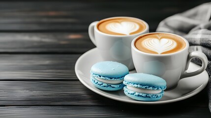 Two Elegant Cups of Latte with Heart Art and Blue Macarons on a Wooden Table