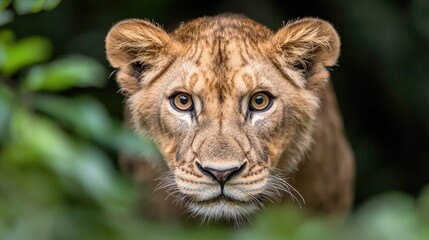Obraz premium Lion Cub Close-up in Lush Forest. Possible use Wildlife photography