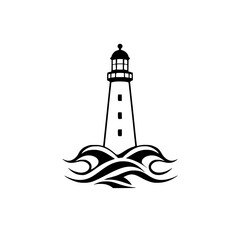 Minimalist black and white illustration of a lighthouse standing on top of waves.