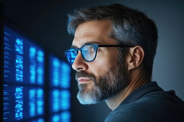 Obraz premium Focused man with glasses observes digital data display, showcasi