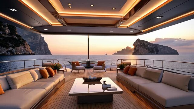Relax in an elegant lounge on a luxury yacht as the sun sets behind stunning coastal cliffs and calm waters