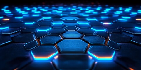 Obraz premium Glowing Blue Hexagon Mesh Network On Dark Background, Abstract Technology Illustration.