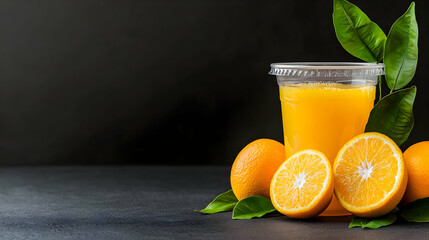 Fresh orange juice in plastic cup, oranges, leaves, dark background; healthy drink