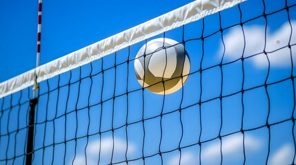 Volleyball Mid-Air Above a Sports Net Against a Bright Blue Sky with Clouds on a Sunny Day
