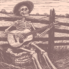 Fototapeta premium Vector illustration of a skeleton playing guitar while sitting on a stump in a field. Wearing a wide-brimmed hat, this rustic design exudes a whimsical, vintage, and folk-inspired atmosphere.