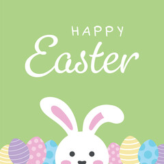 Happy Easter cute bunny with eggs, egg hunting easter bunny vector illustration, isolated on pastel green background.