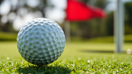 Obraz premium Close-up of a golf ball on a putting green with the pin and green in the background