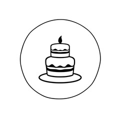 Two-tiered cake with candle on a white circle.