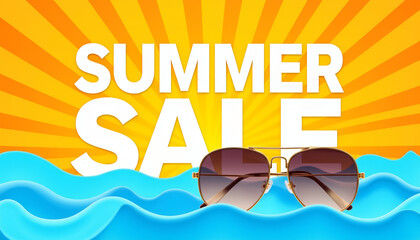 Fototapeta premium Summer sale banner with sunglasses, ocean waves, and sunshine.