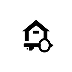 Simple black and white minimalist house and key logo on a white background.