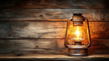 Rusty lantern, wooden wall, warm light, vintage atmosphere