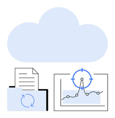 Blue cloud above synced folder, document, and chart with focus point. Ideal for data storage, analytics, teamwork, file sharing, security remote work simplified tech concepts. Abstract line flat