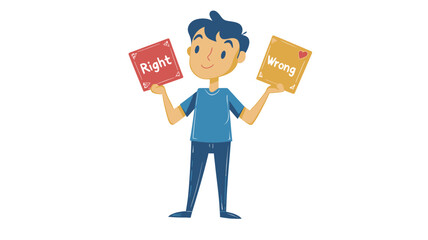 The image is a cartoon-style illustration of a boy holding a red package in his left hand and a yellow package in his right hand. He is smiling and appears to be considering his options.  The boy