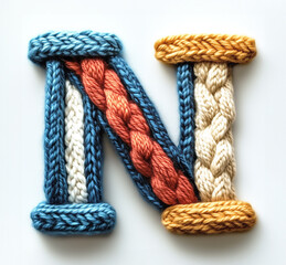 Colorful Knitted Yarn Letter 'N' Featuring Intricate Braided Textures. on White Background
